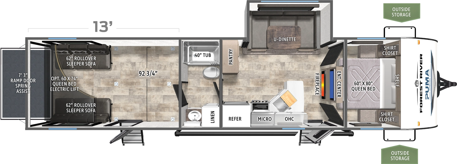 The Puma Unleashed 29TH floorplan is a toy hauler that has two entries and one slide out. Exterior features include: metal exterior and 21' awning. Interiors features include: u-dinette, front bedroom and pass through bathroom.